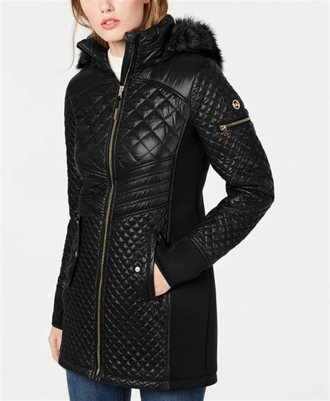 michael kors black puffer coat with leather trim|Michael Kors navy puffer coat.